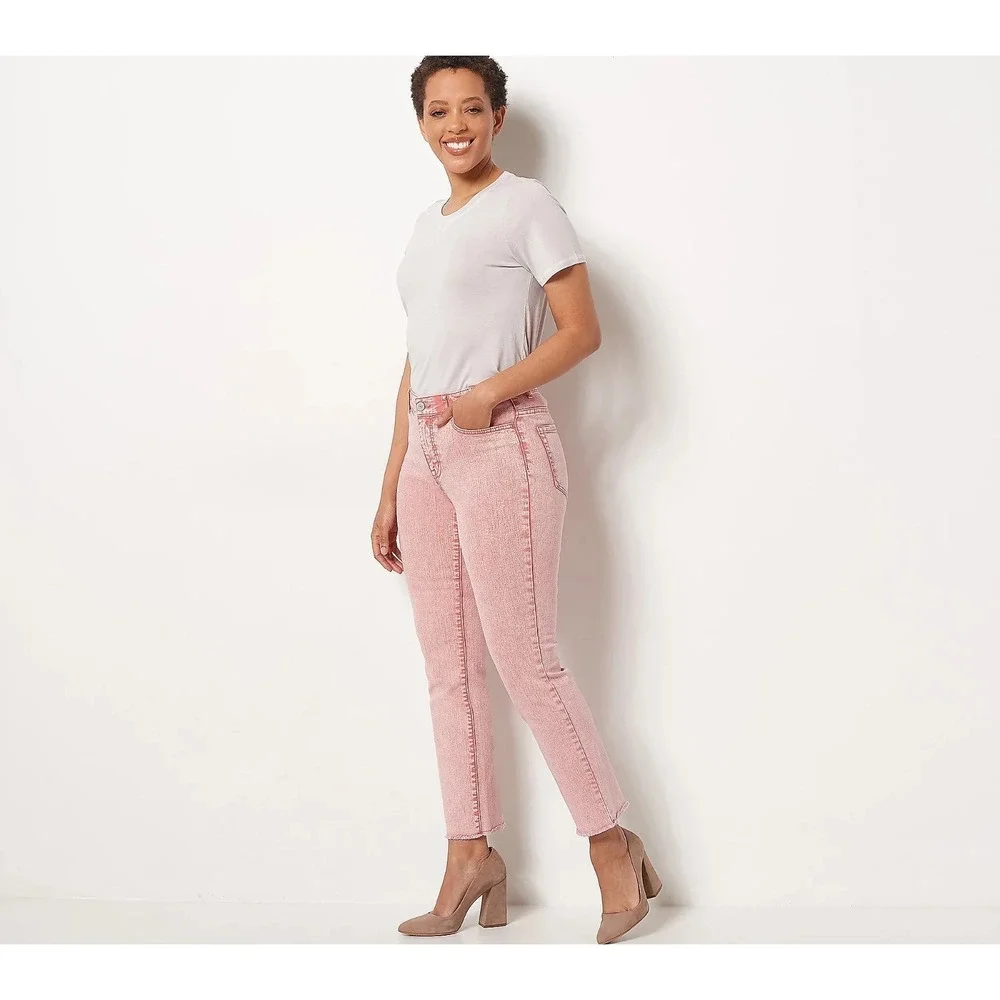 LOGO by Lori Goldstein Faded‎ Straight Jeans Women's Pink Denim Frayed - 12